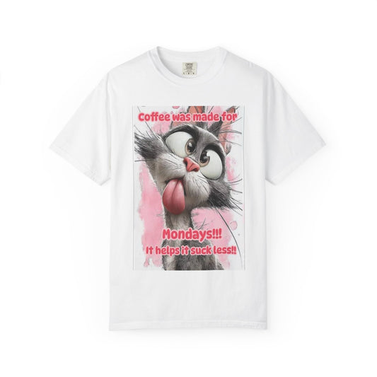 Funny Cat Coffee T-Shirt – "Coffee was made for Mondays!!! It helps it suck less!"